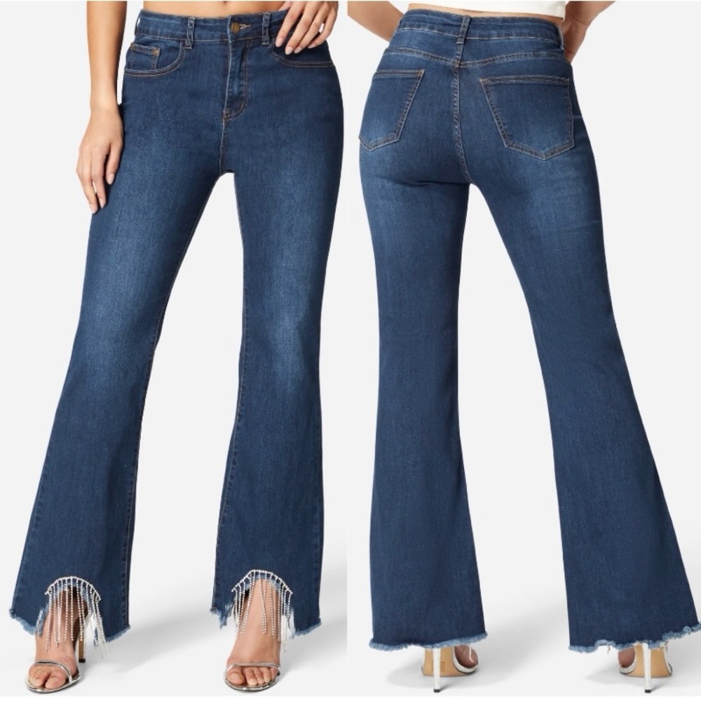 Bebe Rhinestone Fringe Flare Jeans